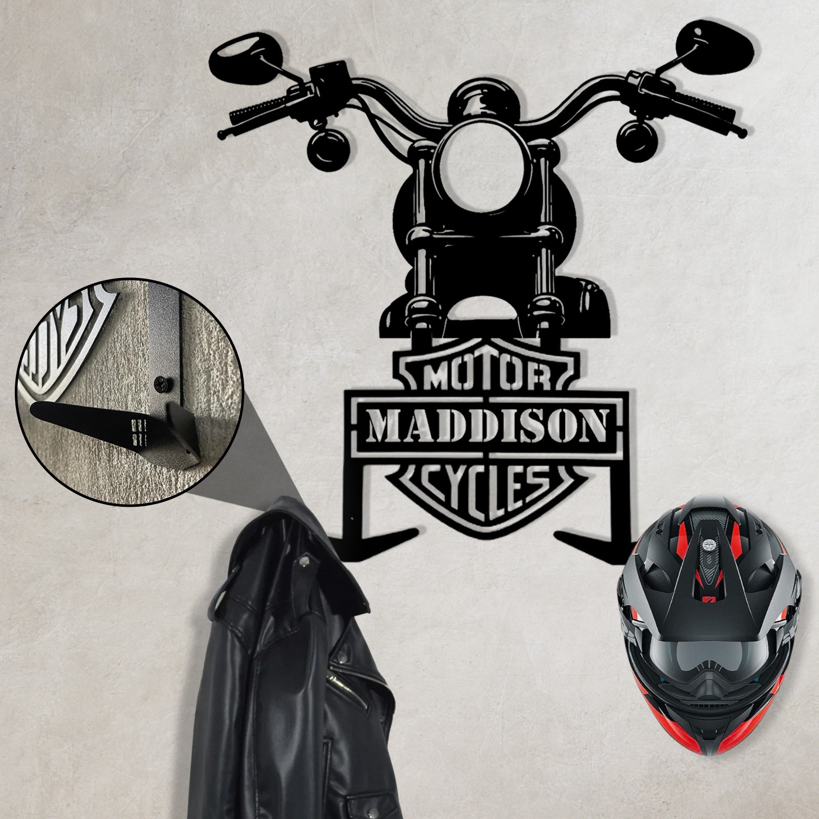 Custom Name Motorcycle Helmet Hanger with Hooks, Personalized Metal Wall Mount Rack for Helmet, Coat, and Riding Accessories
