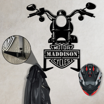 Custom Name Motorcycle Helmet Hanger with Hooks, Personalized Metal Wall Mount Rack for Helmet, Coat, and Riding Accessories