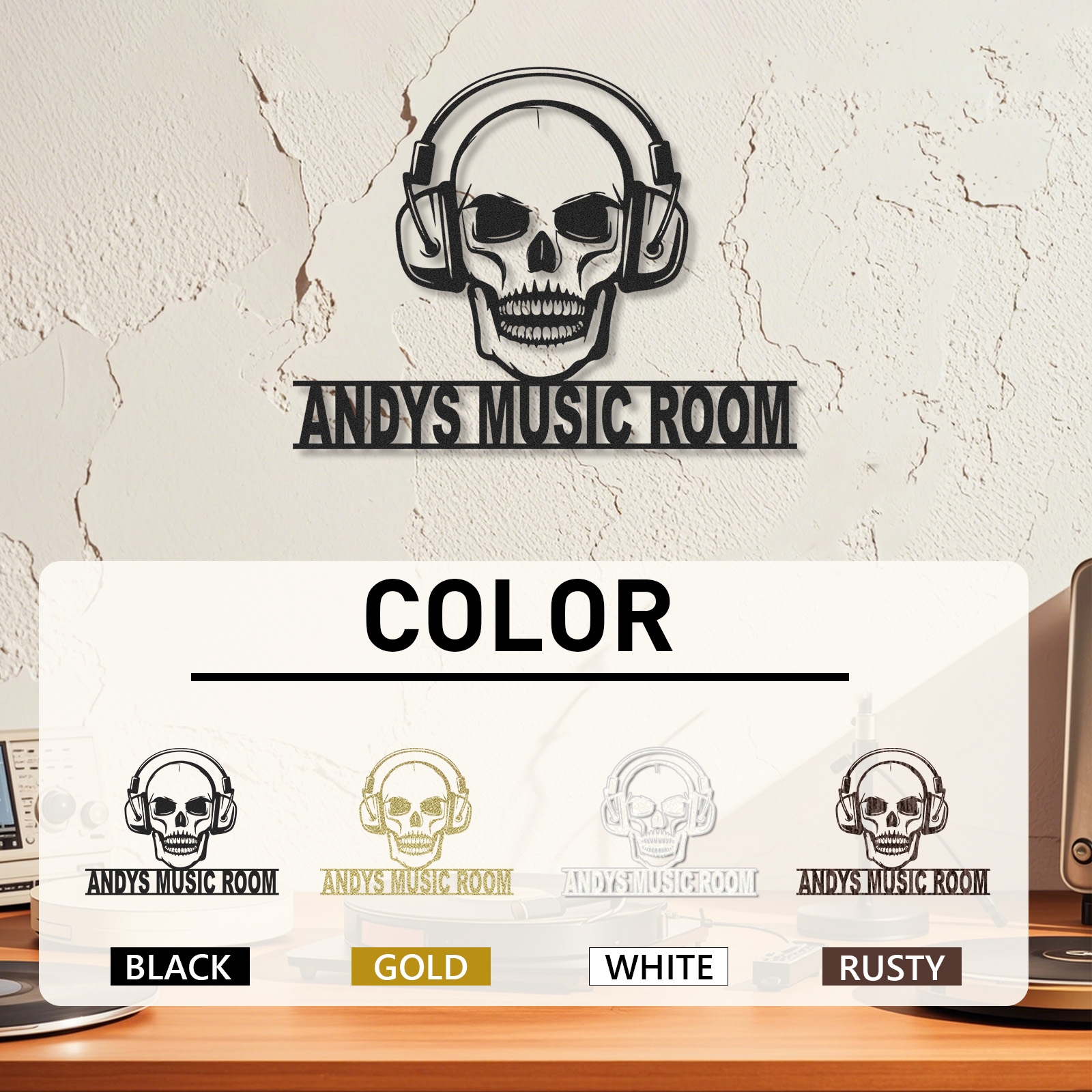 Personalized Skull Headphone Metal Sign, Custom Music Room Wall Art for DJ Studio Bar Decor, Rock Music Gift