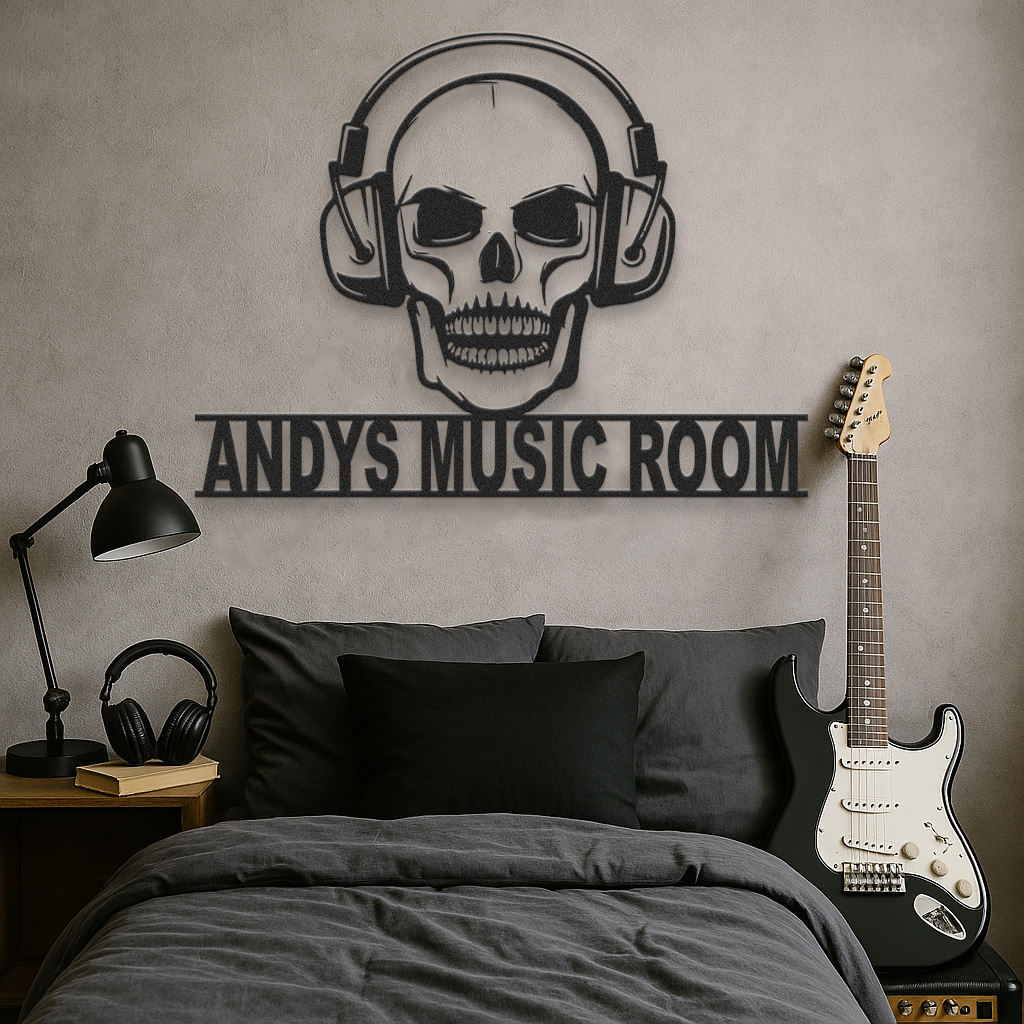 Personalized Skull Headphone Metal Sign, Custom Music Room Wall Art for DJ Studio Bar Decor, Rock Music Gift