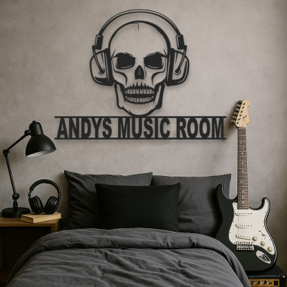 Personalized Skull Headphone Metal Sign, Custom Music Room Wall Art for DJ Studio Bar Decor, Rock Music Gift