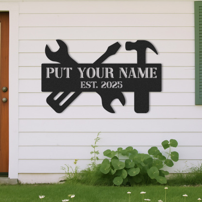 Custom Workshop Name Sign, Personalized Tool Wall Art, Garage Metal Decor for Dad or Grandpa, Father's Day Gift
