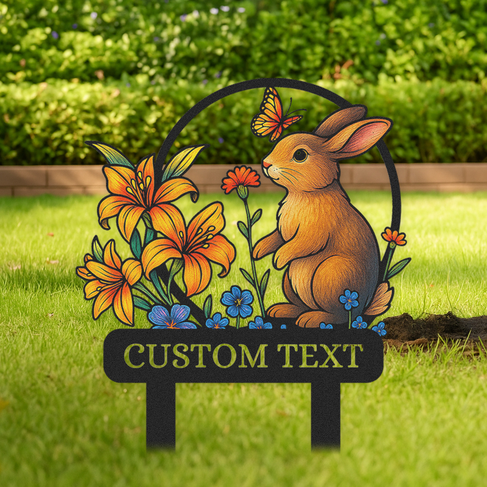Personalized Bunny Garden Sign, Custom Rabbit Yard Stake with Colorful Flowers and Butterfly, Metal Garden Name Sign for Outdoor Decor, Cute Animal Garden Gift