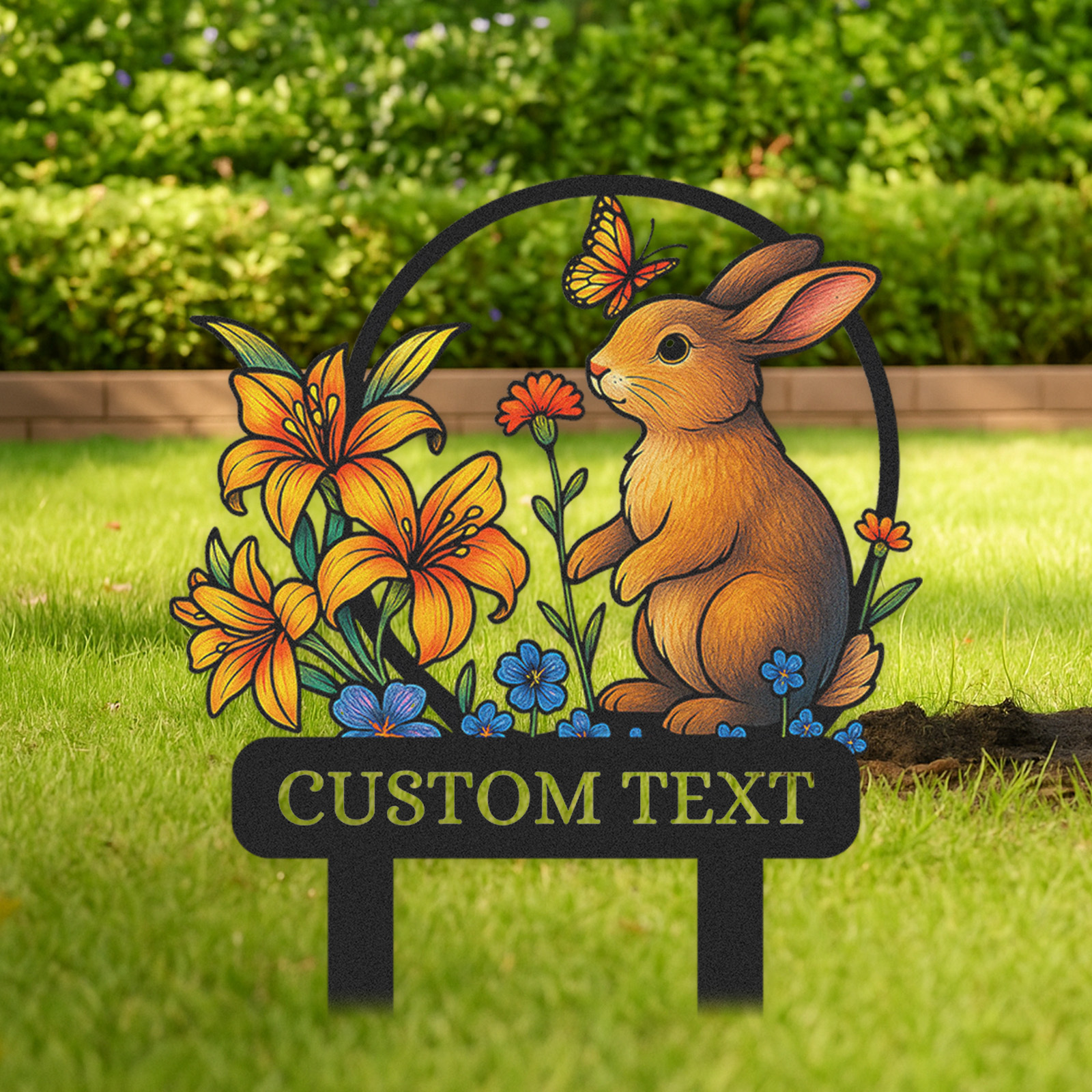 Personalized Bunny Garden Sign, Custom Rabbit Yard Stake with Colorful Flowers and Butterfly, Metal Garden Name Sign for Outdoor Decor, Cute Animal Garden Gift