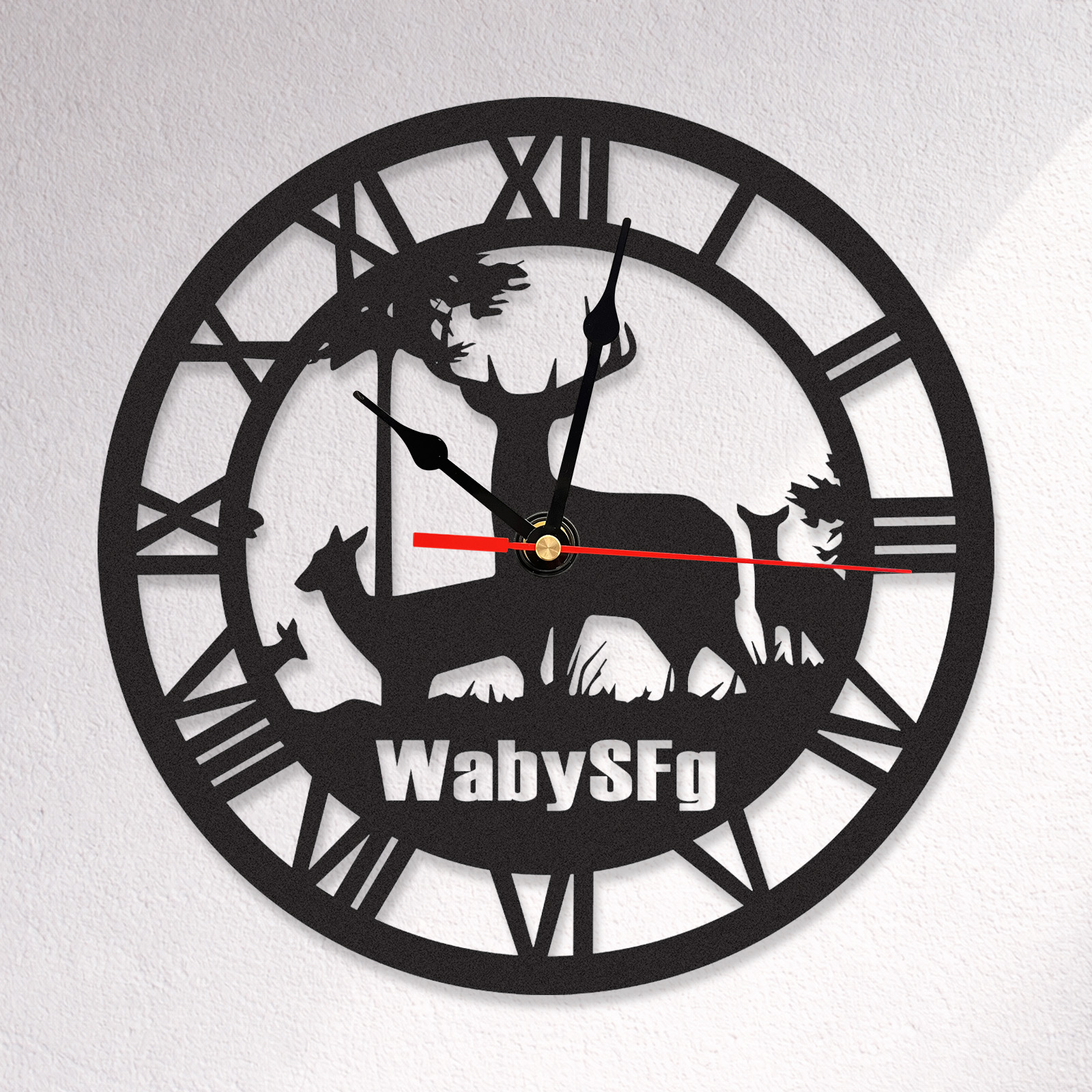 Personalized Deer Metal Wall Clock with Custom Name, Rustic Woodland Cabin Decor, Roman Numeral Silent Wall Art