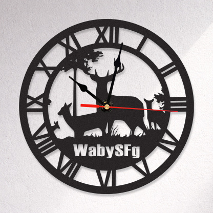 Personalized Deer Metal Wall Clock with Custom Name, Rustic Woodland Cabin Decor, Roman Numeral Silent Wall Art