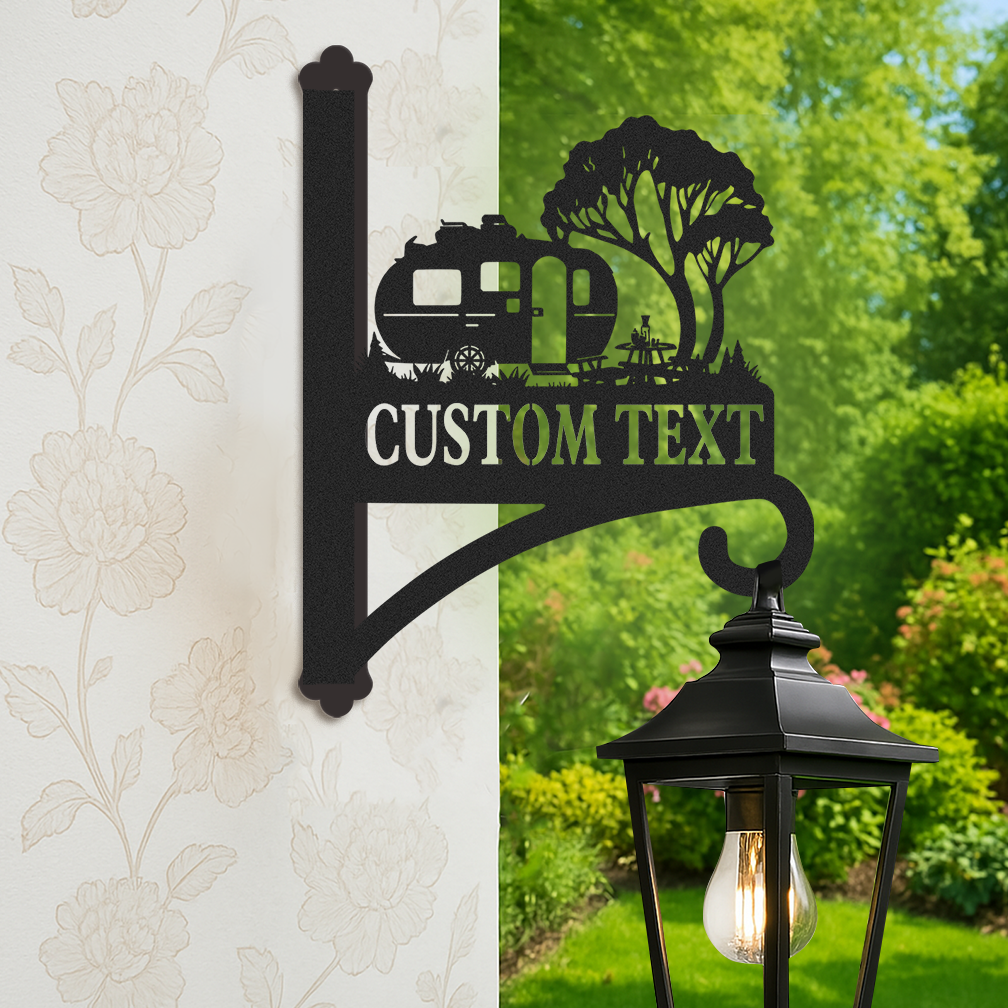 Custom Camper Trailer Wall Hanger, Personalized RV Camping Metal Plant Hook for Garden Decor, Outdoor Rustic Wall Bracket with Custom Text for Campers