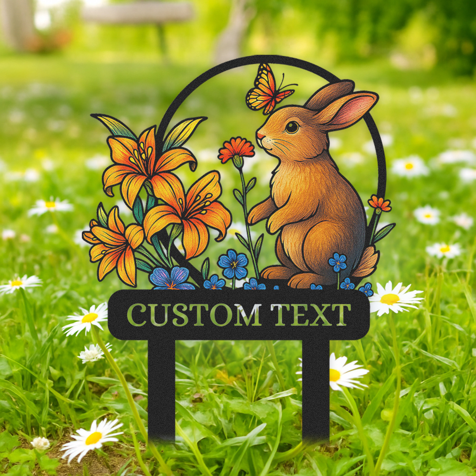 Personalized Bunny Garden Sign, Custom Rabbit Yard Stake with Colorful Flowers and Butterfly, Metal Garden Name Sign for Outdoor Decor, Cute Animal Garden Gift