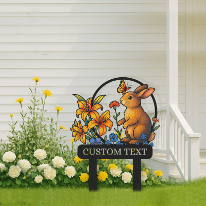 Personalized Bunny Garden Sign, Custom Rabbit Yard Stake with Colorful Flowers and Butterfly, Metal Garden Name Sign for Outdoor Decor, Cute Animal Garden Gift