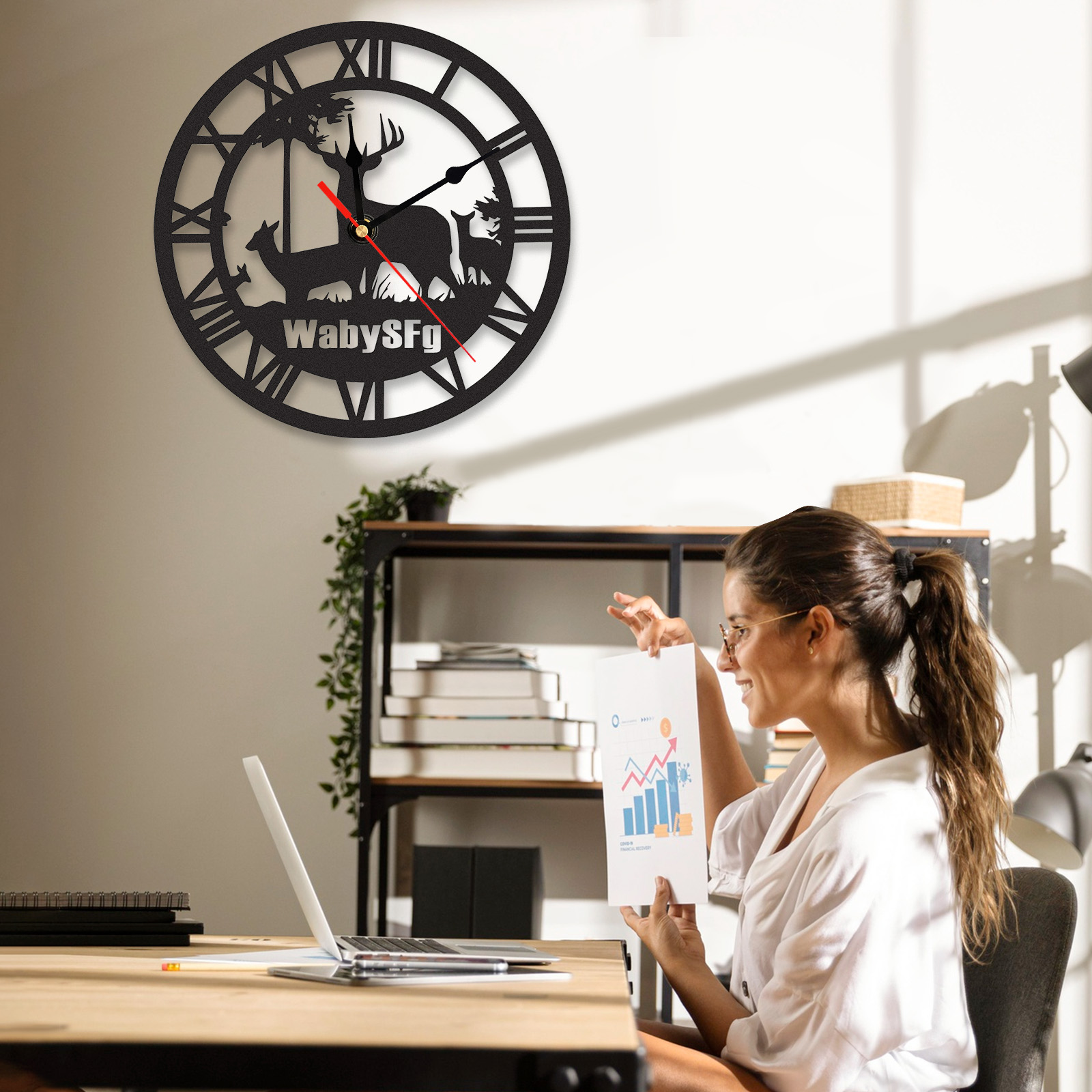 Personalized Deer Metal Wall Clock with Custom Name, Rustic Woodland Cabin Decor, Roman Numeral Silent Wall Art