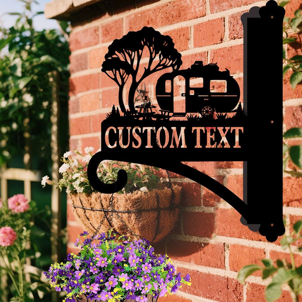Custom Camper Trailer Wall Hanger, Personalized RV Camping Metal Plant Hook for Garden Decor, Outdoor Rustic Wall Bracket with Custom Text for Campers