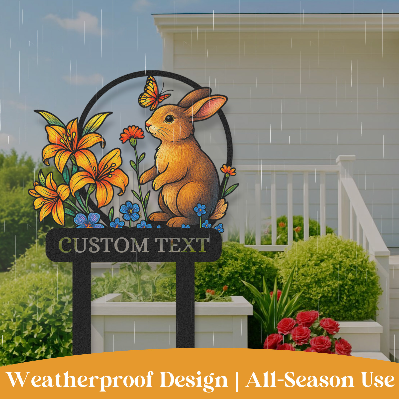 Personalized Bunny Garden Sign, Custom Rabbit Yard Stake with Colorful Flowers and Butterfly, Metal Garden Name Sign for Outdoor Decor, Cute Animal Garden Gift