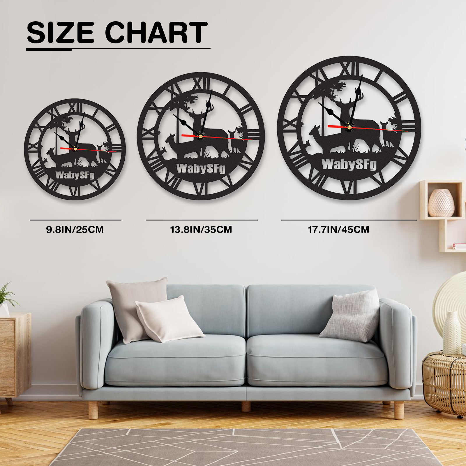 Personalized Deer Metal Wall Clock with Custom Name, Rustic Woodland Cabin Decor, Roman Numeral Silent Wall Art