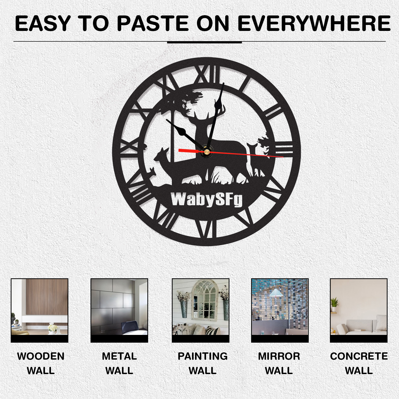 Personalized Deer Metal Wall Clock with Custom Name, Rustic Woodland Cabin Decor, Roman Numeral Silent Wall Art