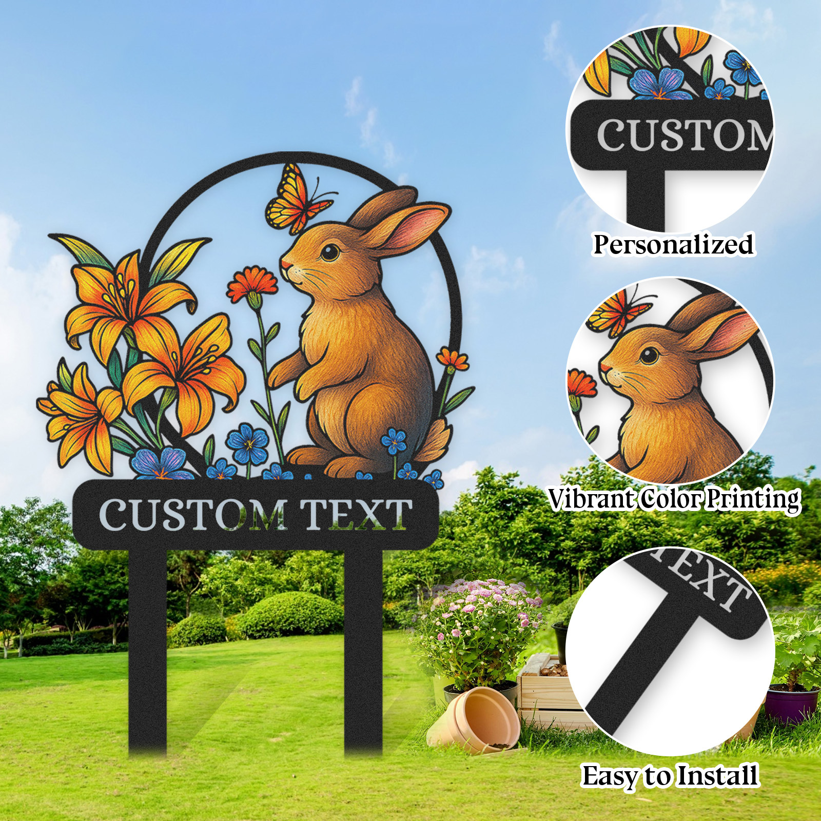Personalized Bunny Garden Sign, Custom Rabbit Yard Stake with Colorful Flowers and Butterfly, Metal Garden Name Sign for Outdoor Decor, Cute Animal Garden Gift