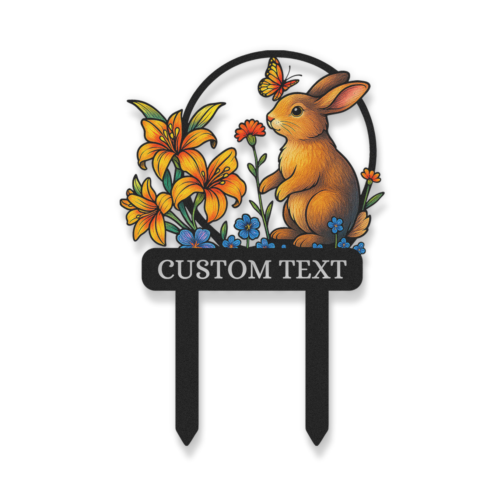 Personalized Bunny Garden Sign, Custom Rabbit Yard Stake with Colorful Flowers and Butterfly, Metal Garden Name Sign for Outdoor Decor, Cute Animal Garden Gift