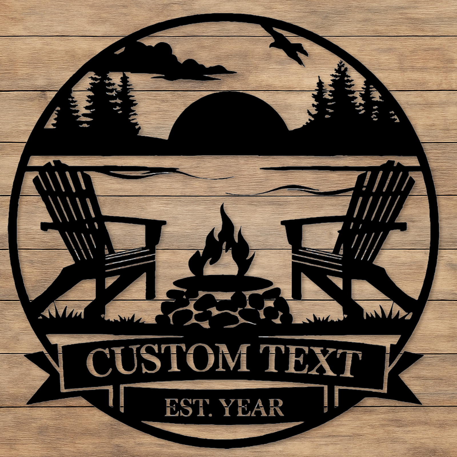 Custom Lake Sunset Metal Sign, Personalized Adirondack Chair and Firepit Wall Art for Cabin, Backyard or Vacation Home Outdoor Decor