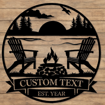 Custom Lake Sunset Metal Sign, Personalized Adirondack Chair and Firepit Wall Art for Cabin, Backyard or Vacation Home Outdoor Decor