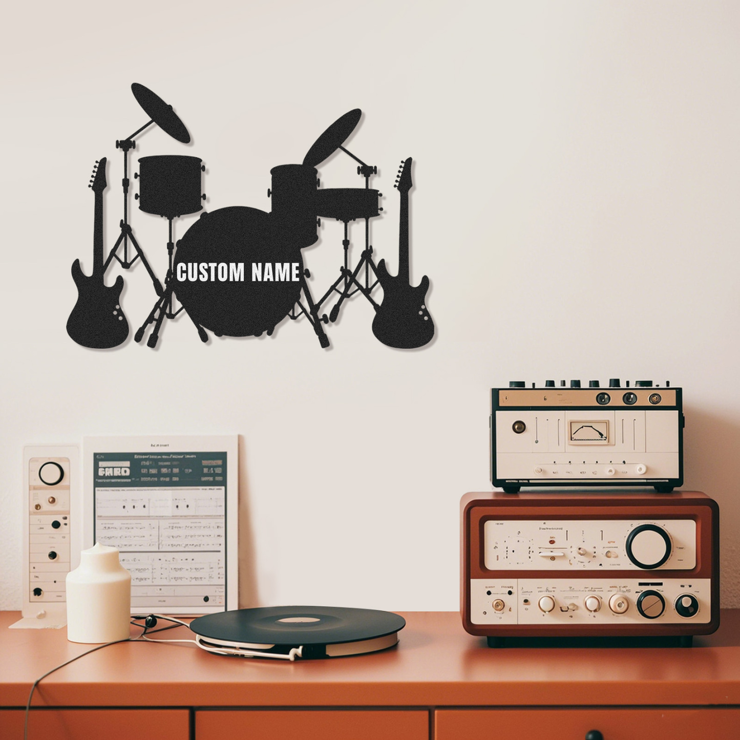 Custom Band Music Room Metal Sign with Drums and Guitars, Personalized Wall Art Gift for Musicians or Teens