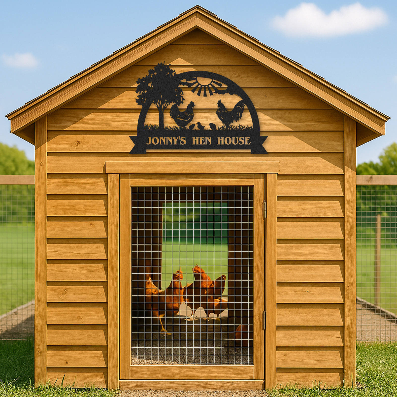 Custom Hen House Sign with Rooster and Chickens, Personalized Farm Scene Metal Decor for Coop or Backyard
