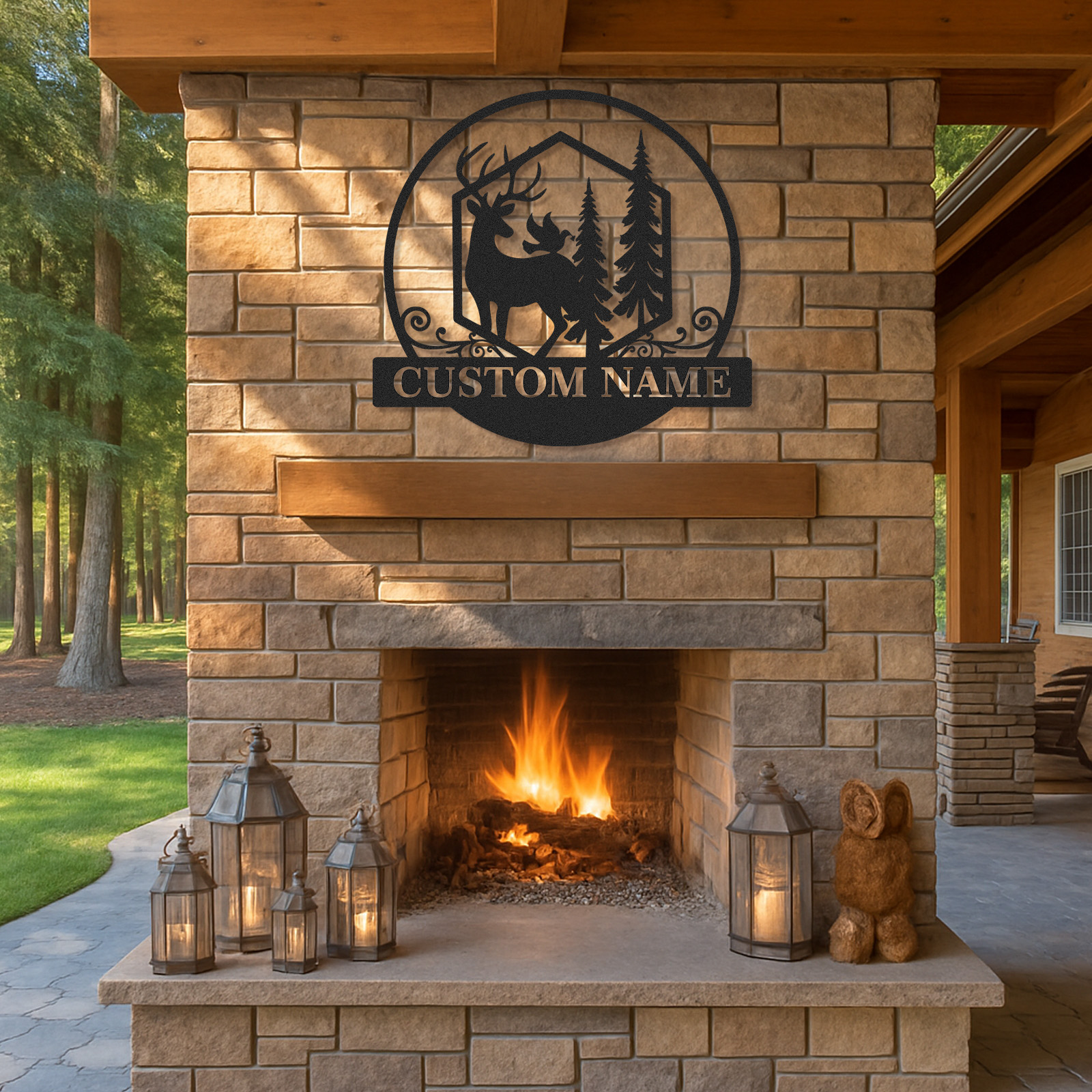 Personalized Deer and Tree Metal Sign, Forest Wildlife Cabin Decor, Custom Family Name Plaque