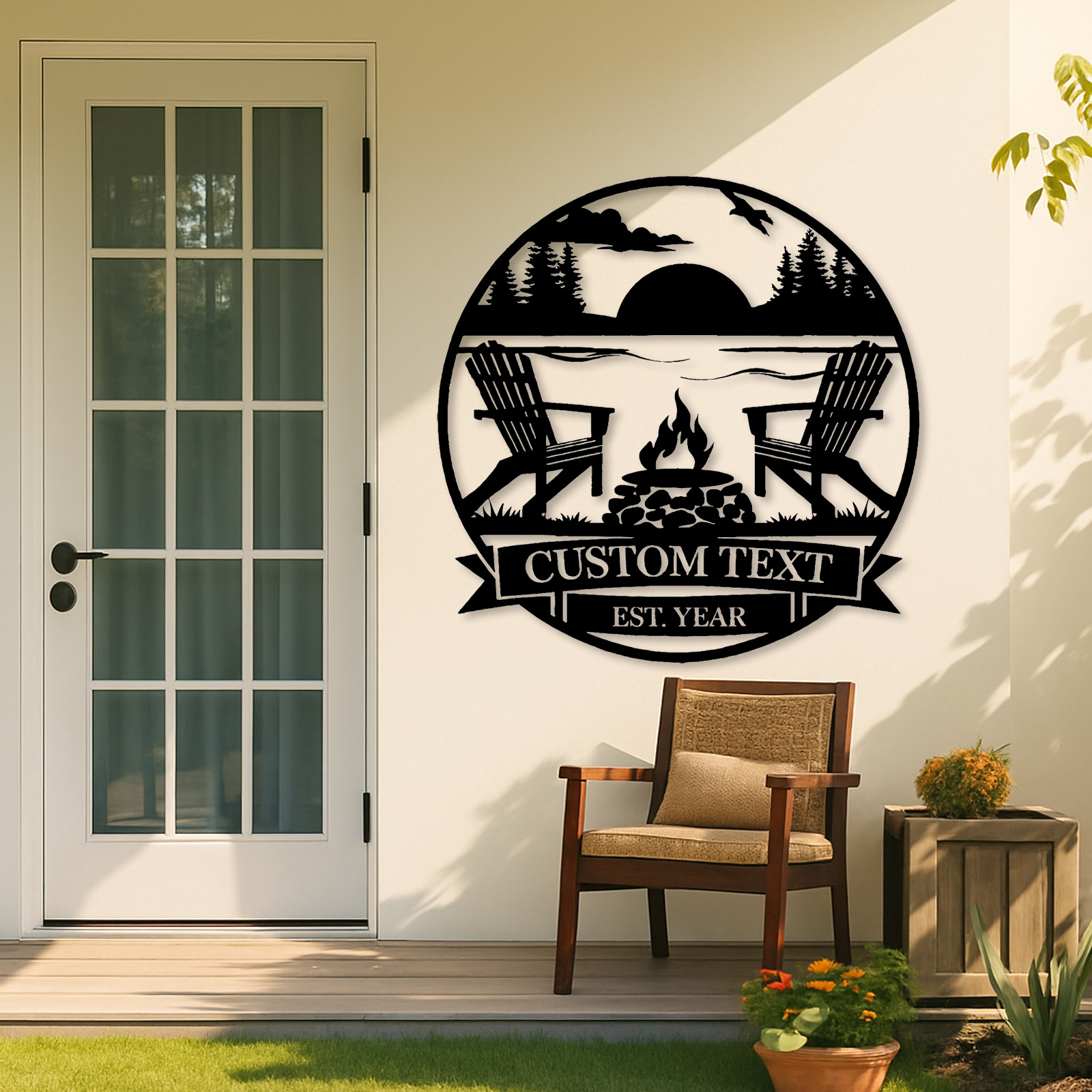 Custom Lake Sunset Metal Sign, Personalized Adirondack Chair and Firepit Wall Art for Cabin, Backyard or Vacation Home Outdoor Decor
