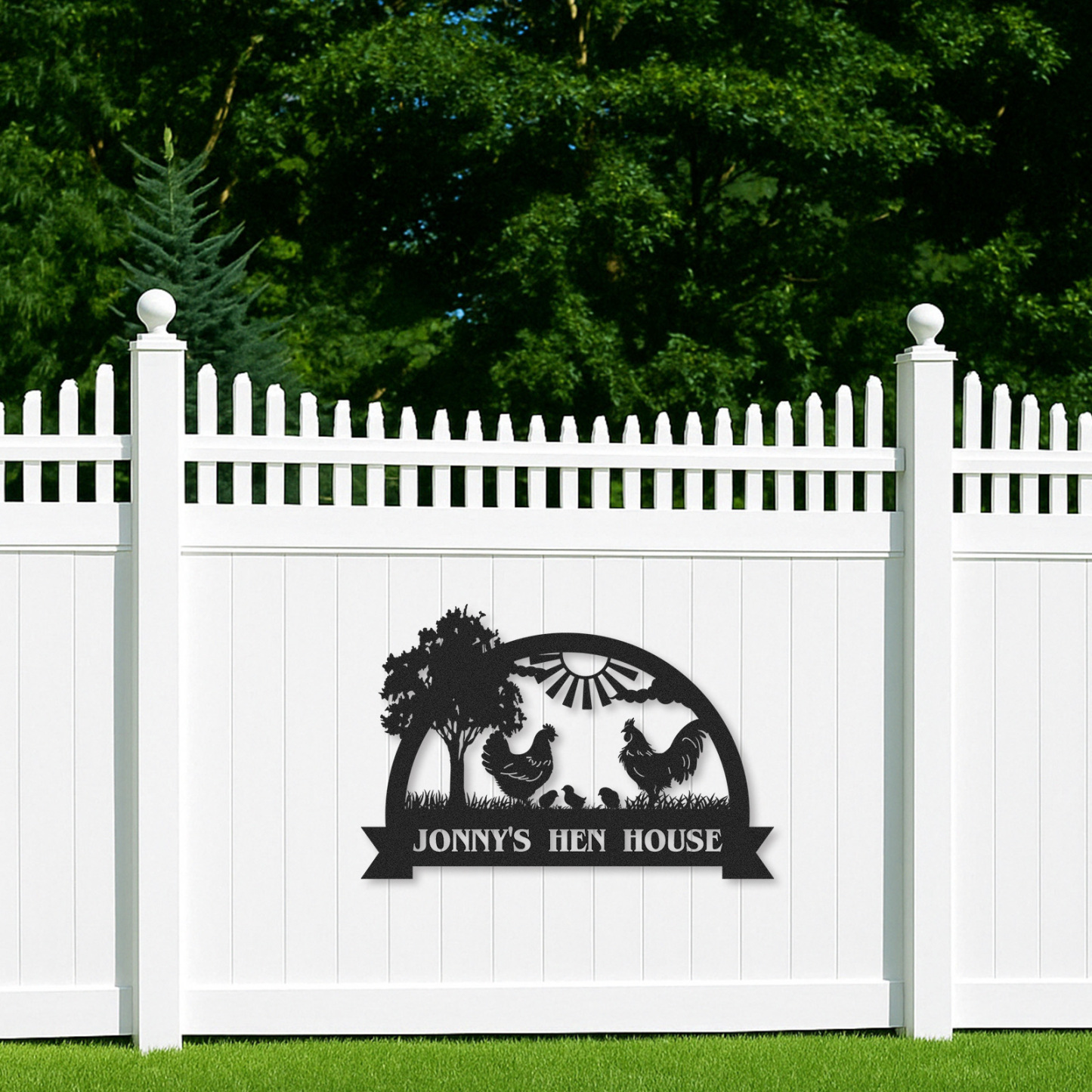 Custom Hen House Sign with Rooster and Chickens, Personalized Farm Scene Metal Decor for Coop or Backyard