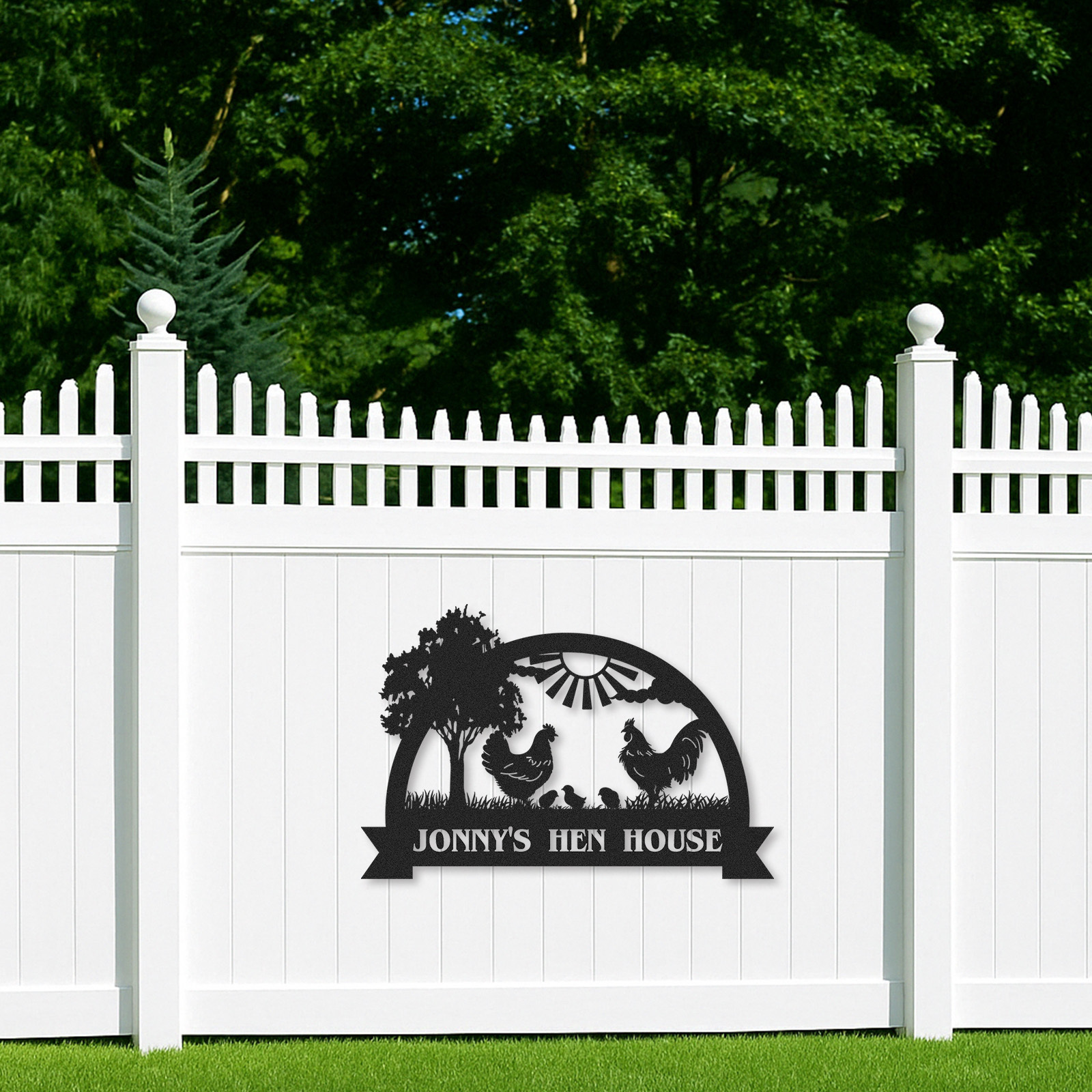 Custom Hen House Sign with Rooster and Chickens, Personalized Farm Scene Metal Decor for Coop or Backyard