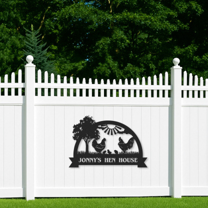 Custom Hen House Sign with Rooster and Chickens, Personalized Farm Scene Metal Decor for Coop or Backyard