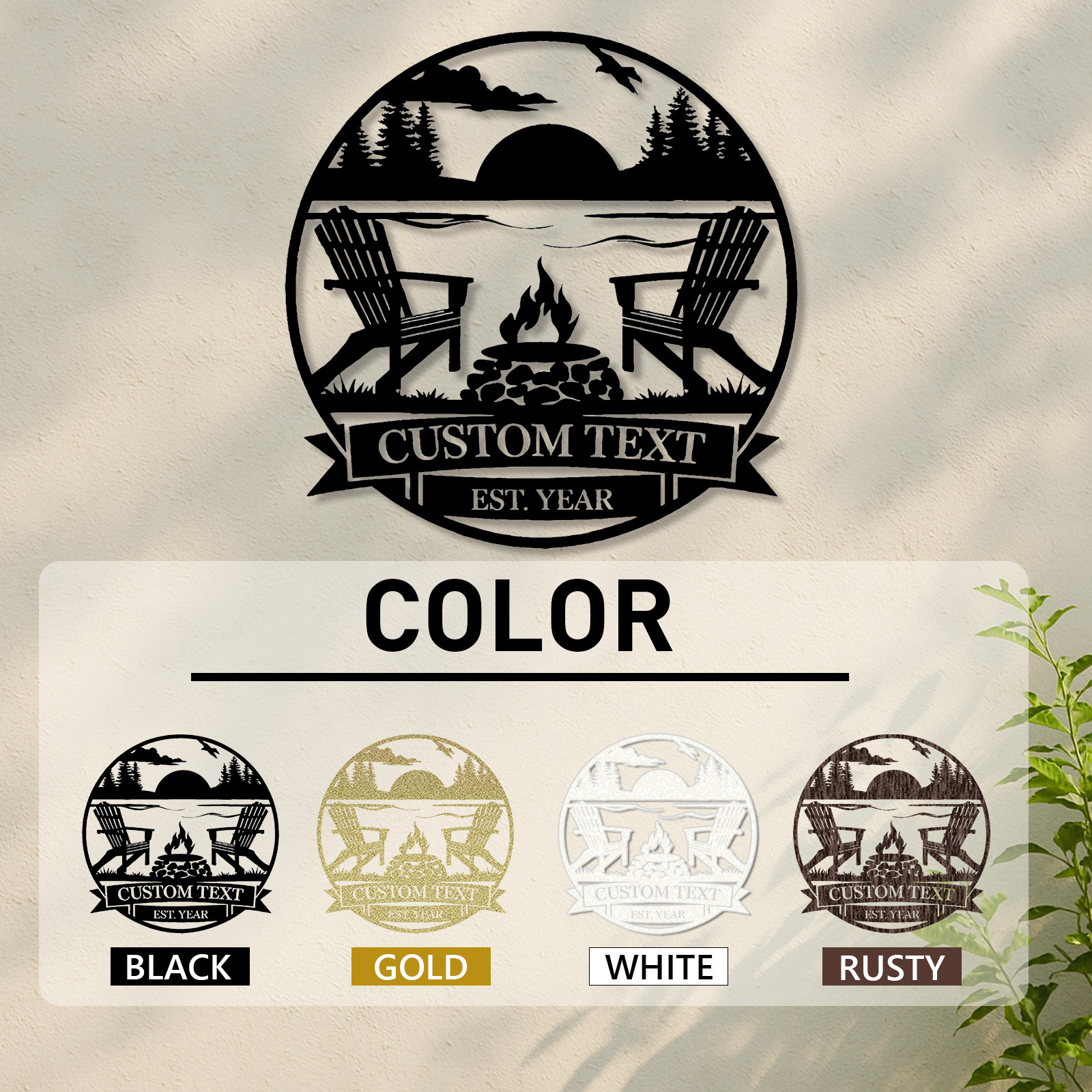 Custom Lake Sunset Metal Sign, Personalized Adirondack Chair and Firepit Wall Art for Cabin, Backyard or Vacation Home Outdoor Decor