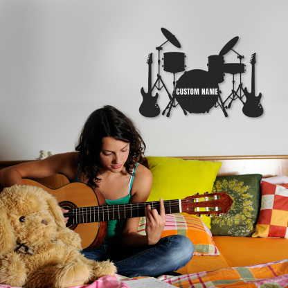 Custom Band Music Room Metal Sign with Drums and Guitars, Personalized Wall Art Gift for Musicians or Teens