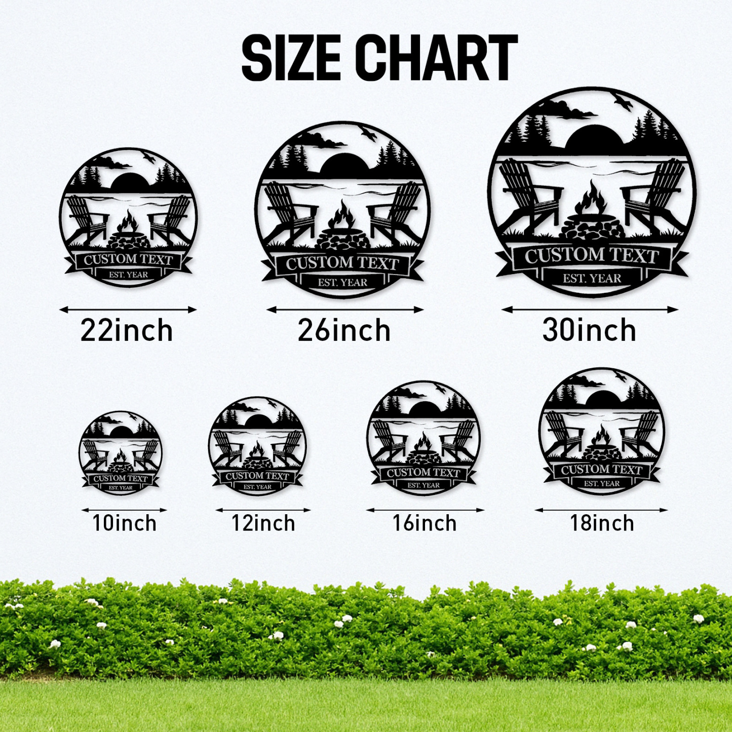 Custom Lake Sunset Metal Sign, Personalized Adirondack Chair and Firepit Wall Art for Cabin, Backyard or Vacation Home Outdoor Decor