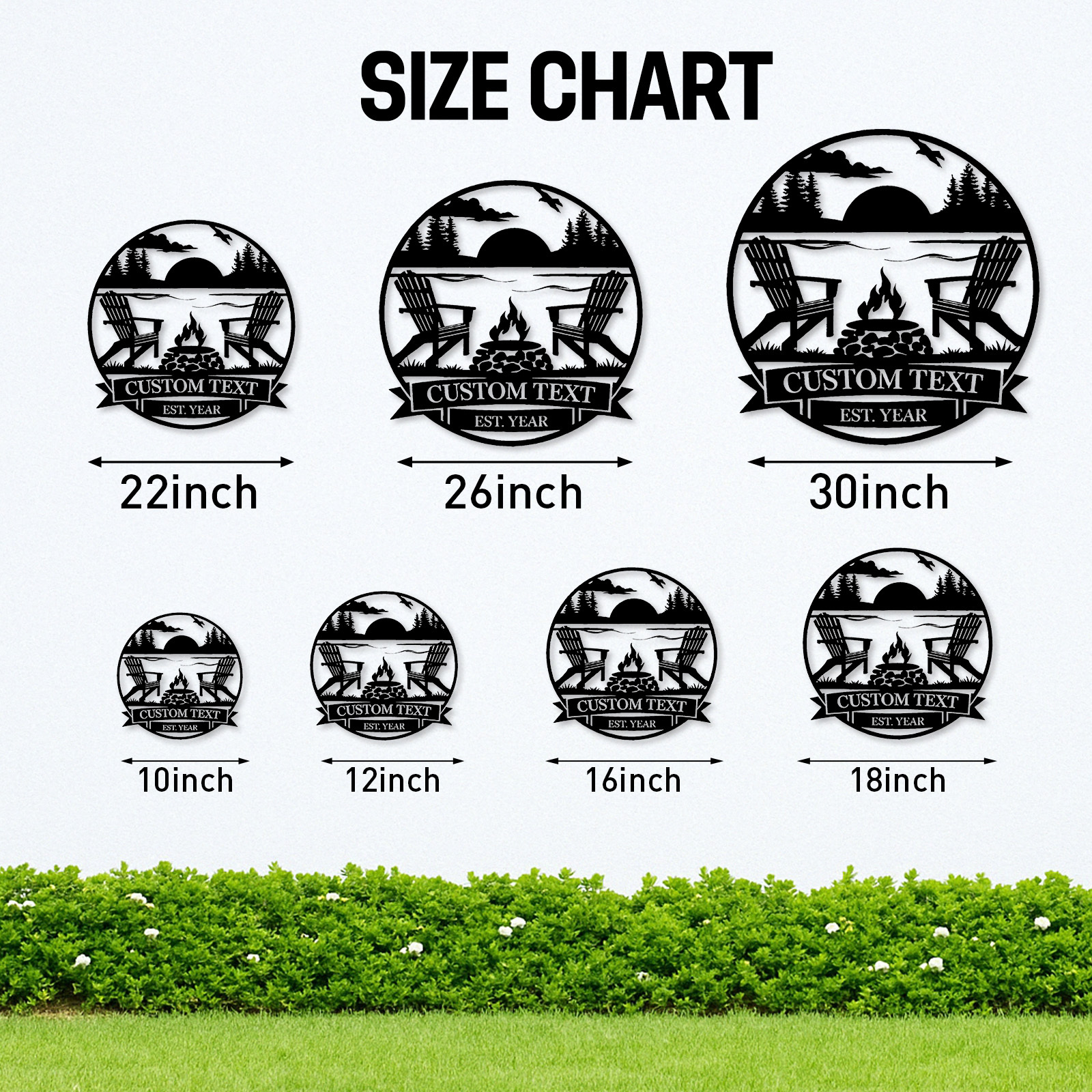 Custom Lake Sunset Metal Sign, Personalized Adirondack Chair and Firepit Wall Art for Cabin, Backyard or Vacation Home Outdoor Decor