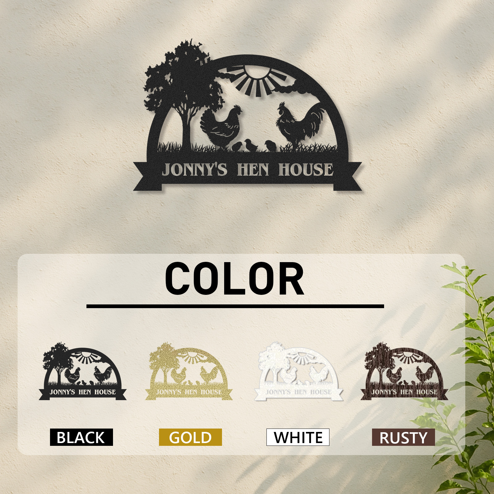 Custom Hen House Sign with Rooster and Chickens, Personalized Farm Scene Metal Decor for Coop or Backyard