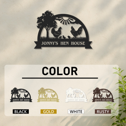 Custom Hen House Sign with Rooster and Chickens, Personalized Farm Scene Metal Decor for Coop or Backyard