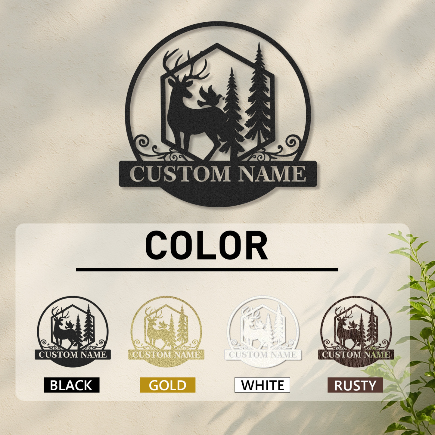 Personalized Deer and Tree Metal Sign, Forest Wildlife Cabin Decor, Custom Family Name Plaque