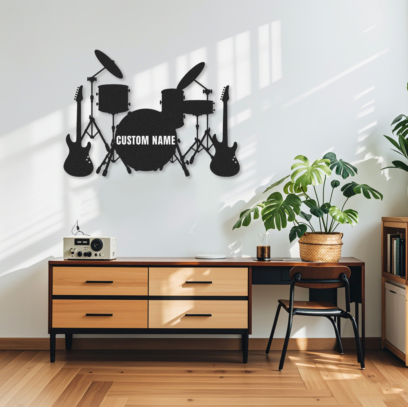 Custom Band Music Room Metal Sign with Drums and Guitars, Personalized Wall Art Gift for Musicians or Teens