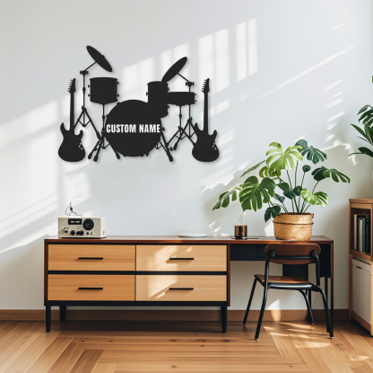 Custom Band Music Room Metal Sign with Drums and Guitars, Personalized Wall Art Gift for Musicians or Teens