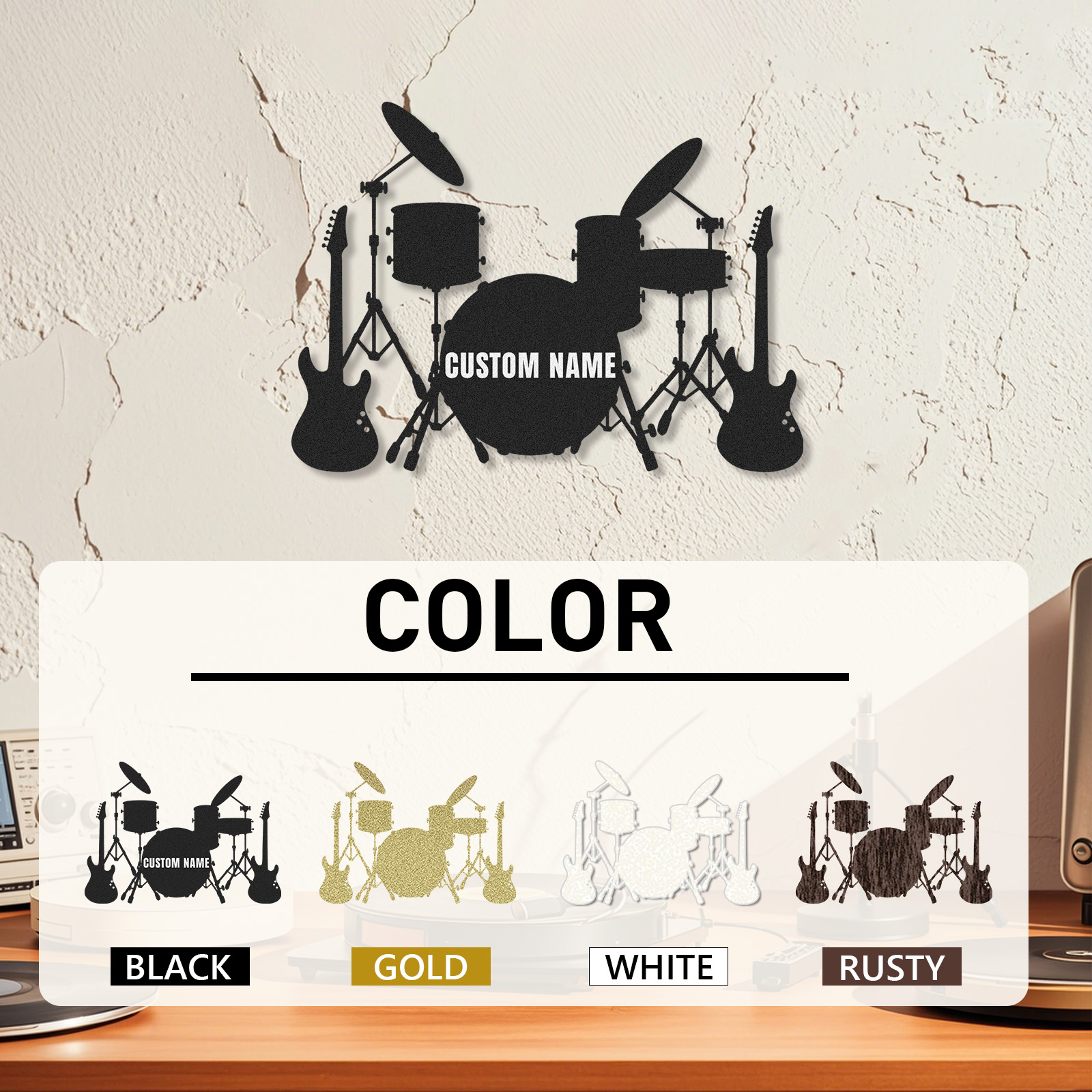 Custom Band Music Room Metal Sign with Drums and Guitars, Personalized Wall Art Gift for Musicians or Teens