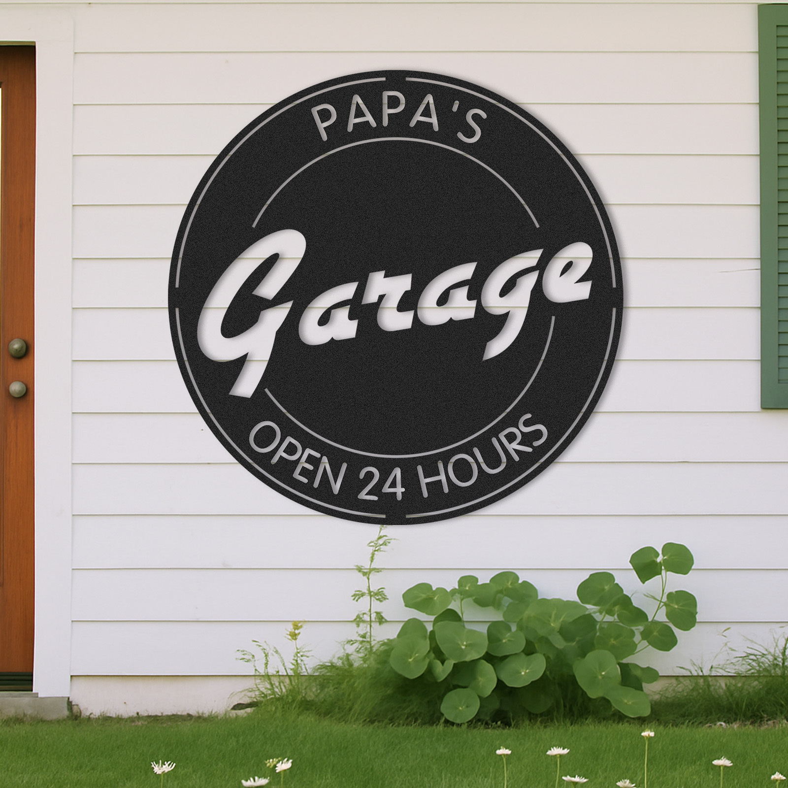 Papa's Garage Metal Sign, Custom Round Workshop Decor, Personalized Garage Wall Art, Open 24 Hours Gift for Dad or Grandpa
