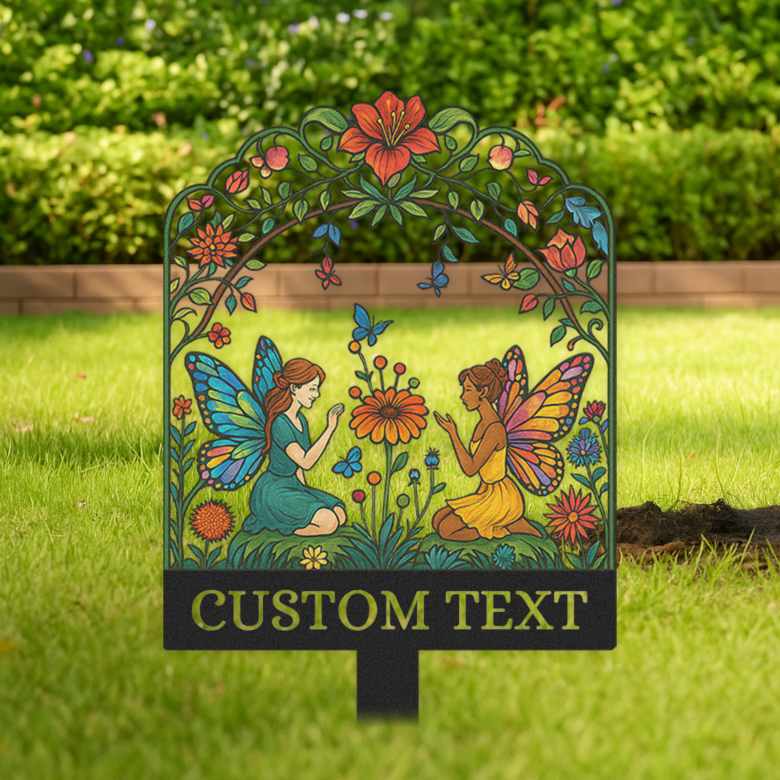 Custom Fairy Garden Sign, Personalized Colorful Metal Garden Stake with Two Fairies and Flowers, Whimsical Garden Decor for Yard, Outdoor Fantasy Name Sign Gift
