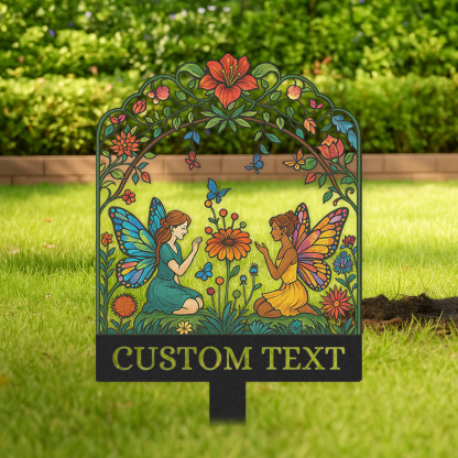 Custom Fairy Garden Sign, Personalized Colorful Metal Garden Stake with Two Fairies and Flowers, Whimsical Garden Decor for Yard, Outdoor Fantasy Name Sign Gift