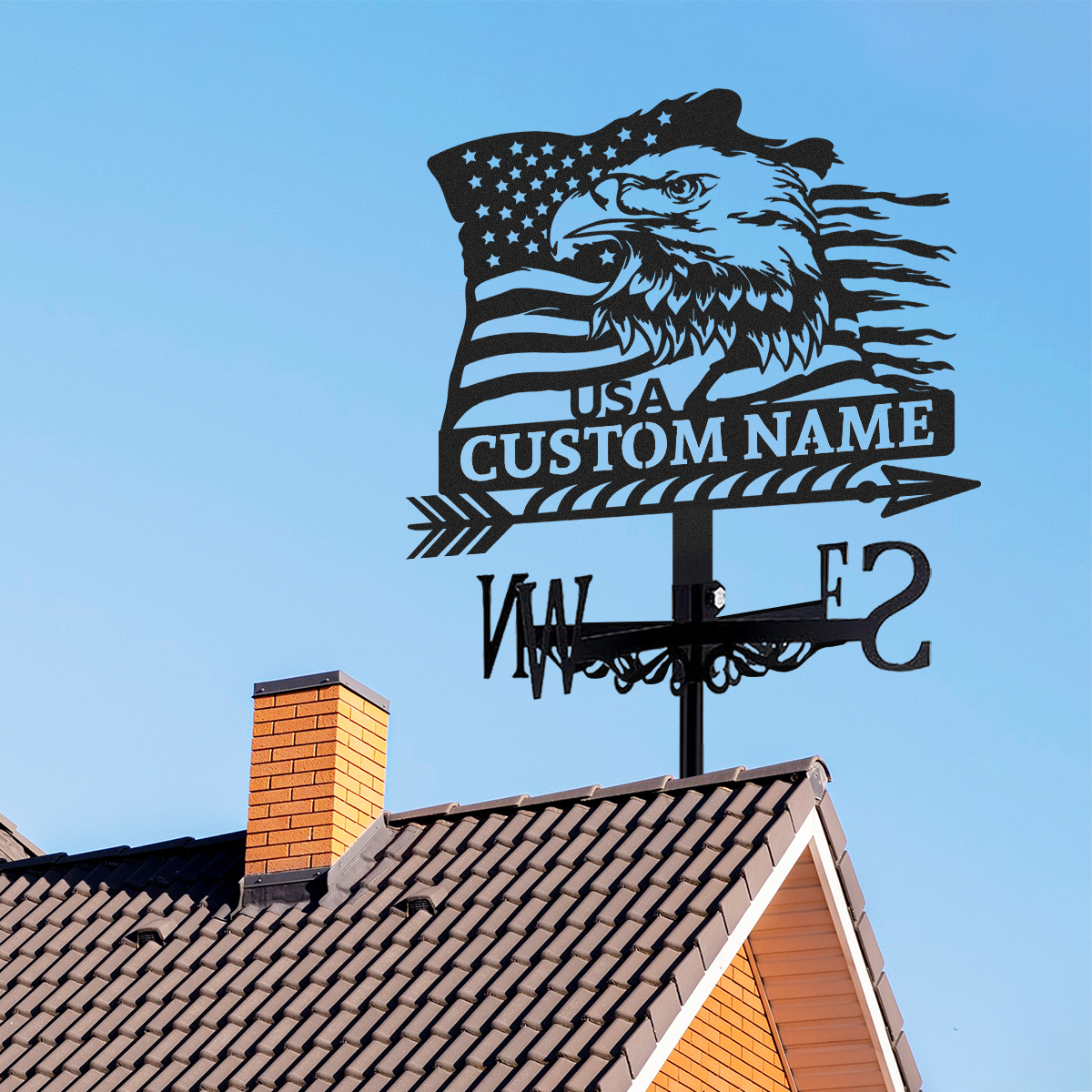 Personalized American Eagle Metal Weather Vane with Custom Name, USA Flag Patriotic Roof Wind Direction Indicator Outdoor Decor