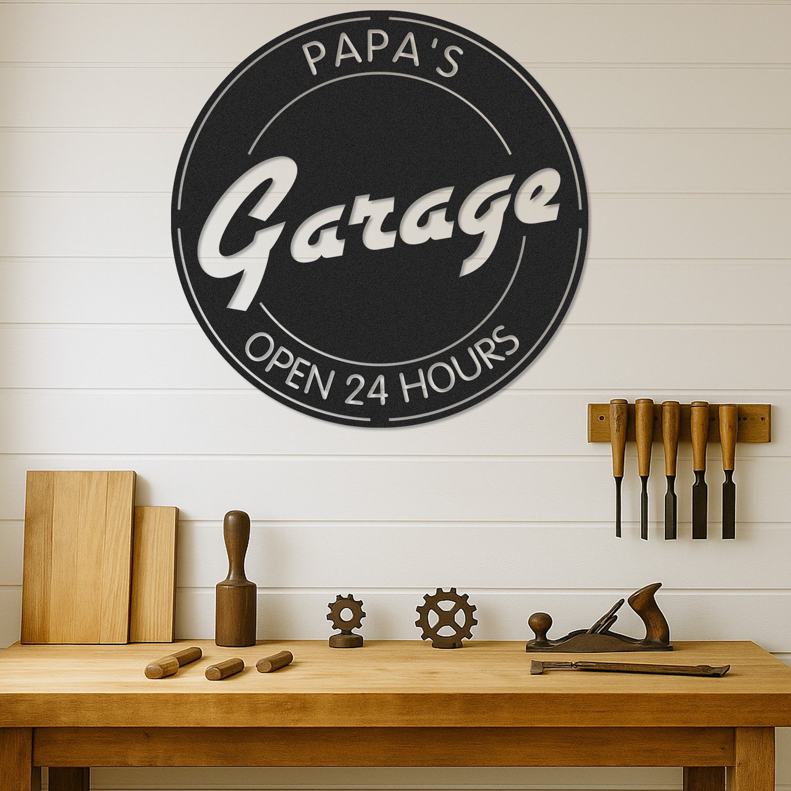Papa's Garage Metal Sign, Custom Round Workshop Decor, Personalized Garage Wall Art, Open 24 Hours Gift for Dad or Grandpa
