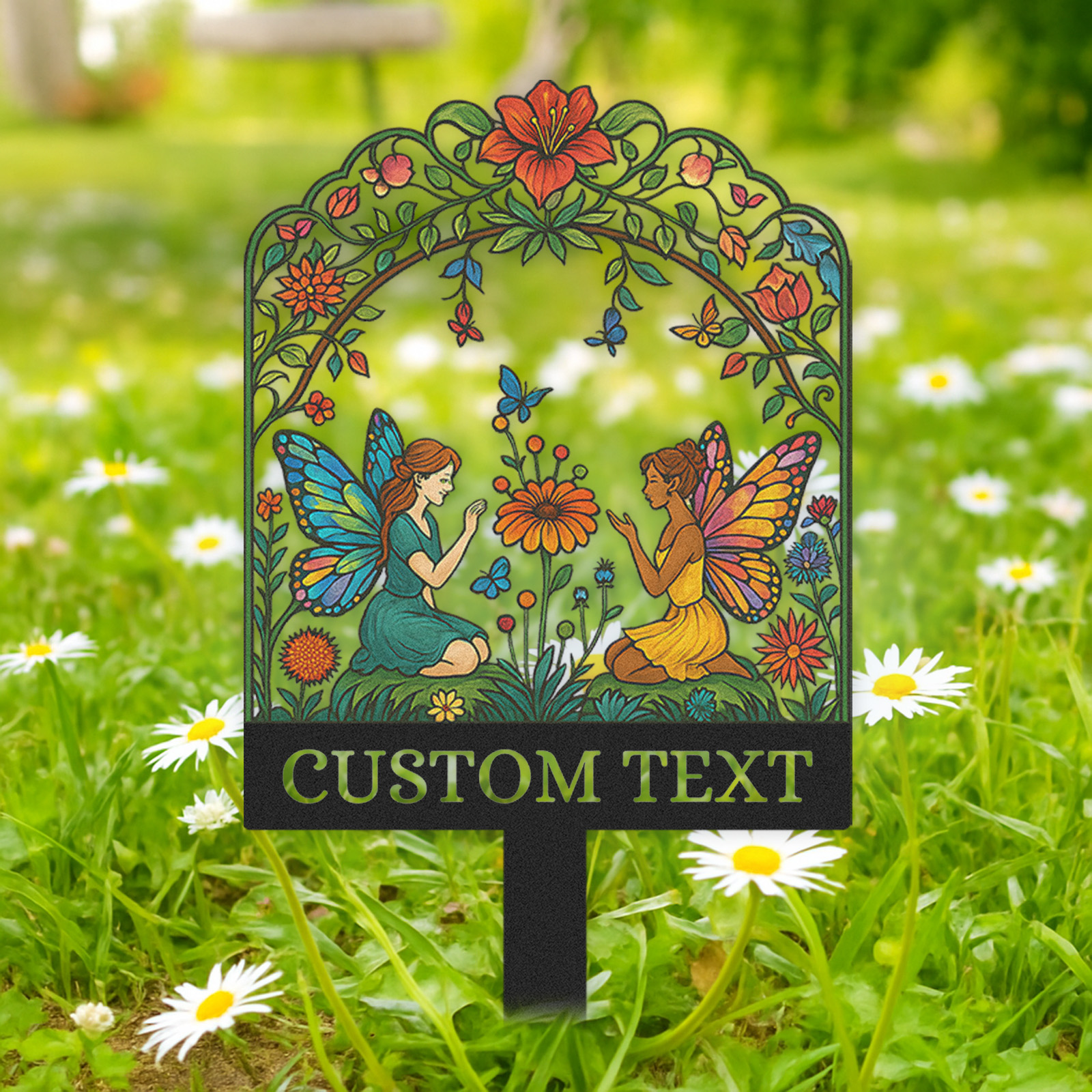 Custom Fairy Garden Sign, Personalized Colorful Metal Garden Stake with Two Fairies and Flowers, Whimsical Garden Decor for Yard, Outdoor Fantasy Name Sign Gift