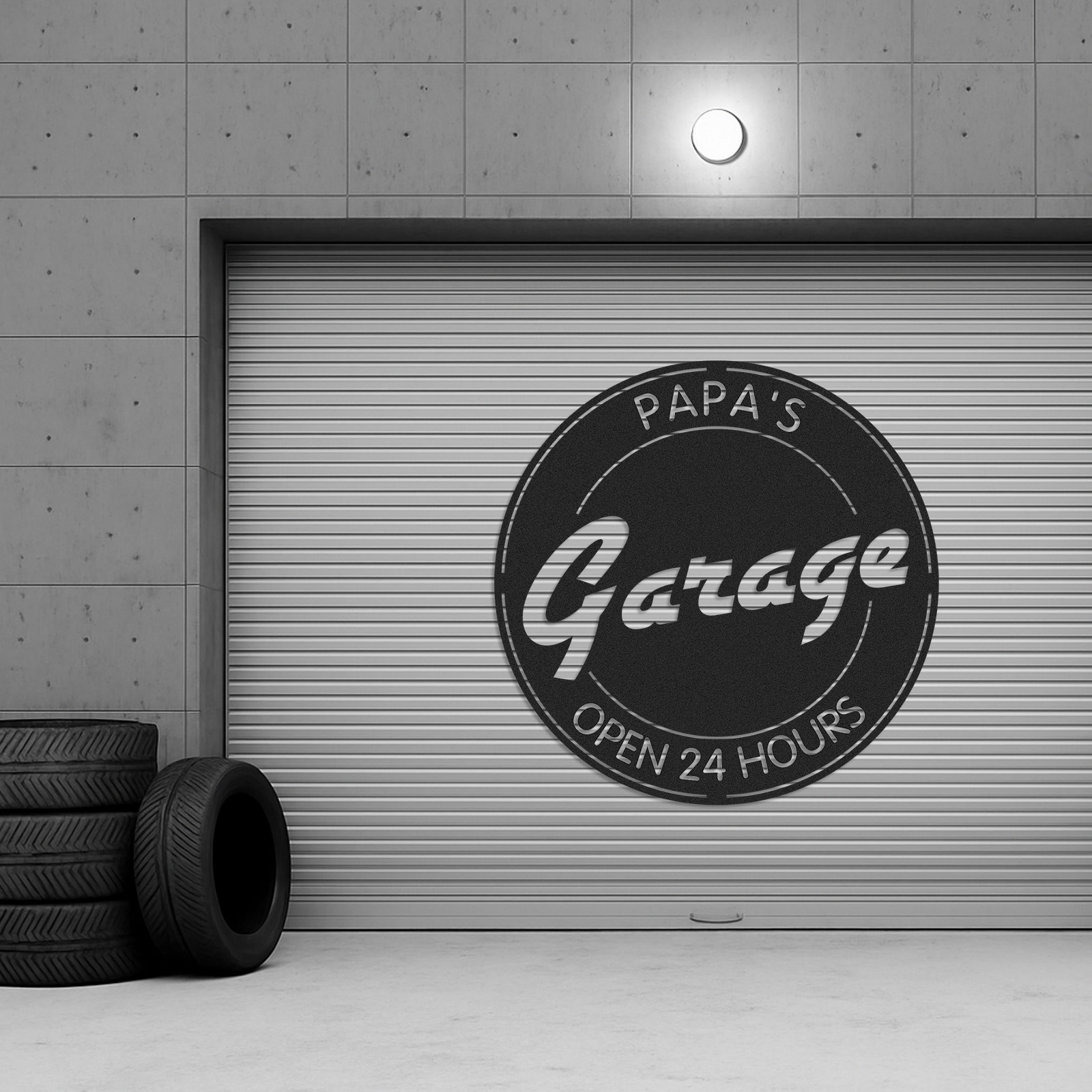 Papa's Garage Metal Sign, Custom Round Workshop Decor, Personalized Garage Wall Art, Open 24 Hours Gift for Dad or Grandpa