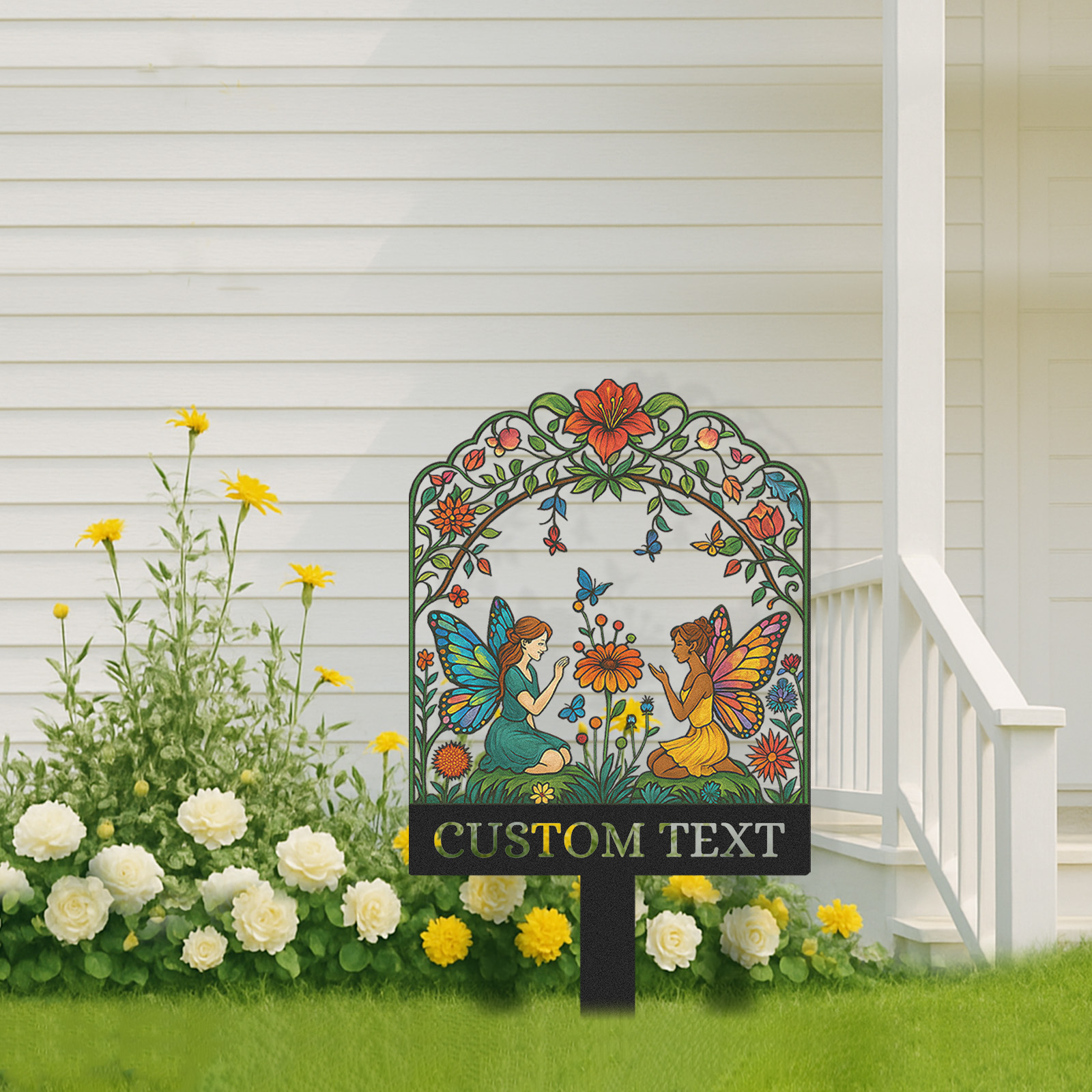 Custom Fairy Garden Sign, Personalized Colorful Metal Garden Stake with Two Fairies and Flowers, Whimsical Garden Decor for Yard, Outdoor Fantasy Name Sign Gift