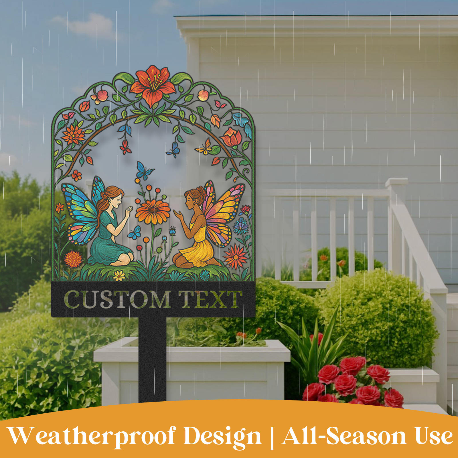 Custom Fairy Garden Sign, Personalized Colorful Metal Garden Stake with Two Fairies and Flowers, Whimsical Garden Decor for Yard, Outdoor Fantasy Name Sign Gift