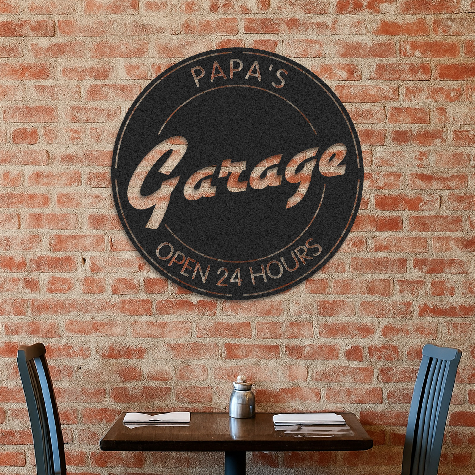 Papa's Garage Metal Sign, Custom Round Workshop Decor, Personalized Garage Wall Art, Open 24 Hours Gift for Dad or Grandpa