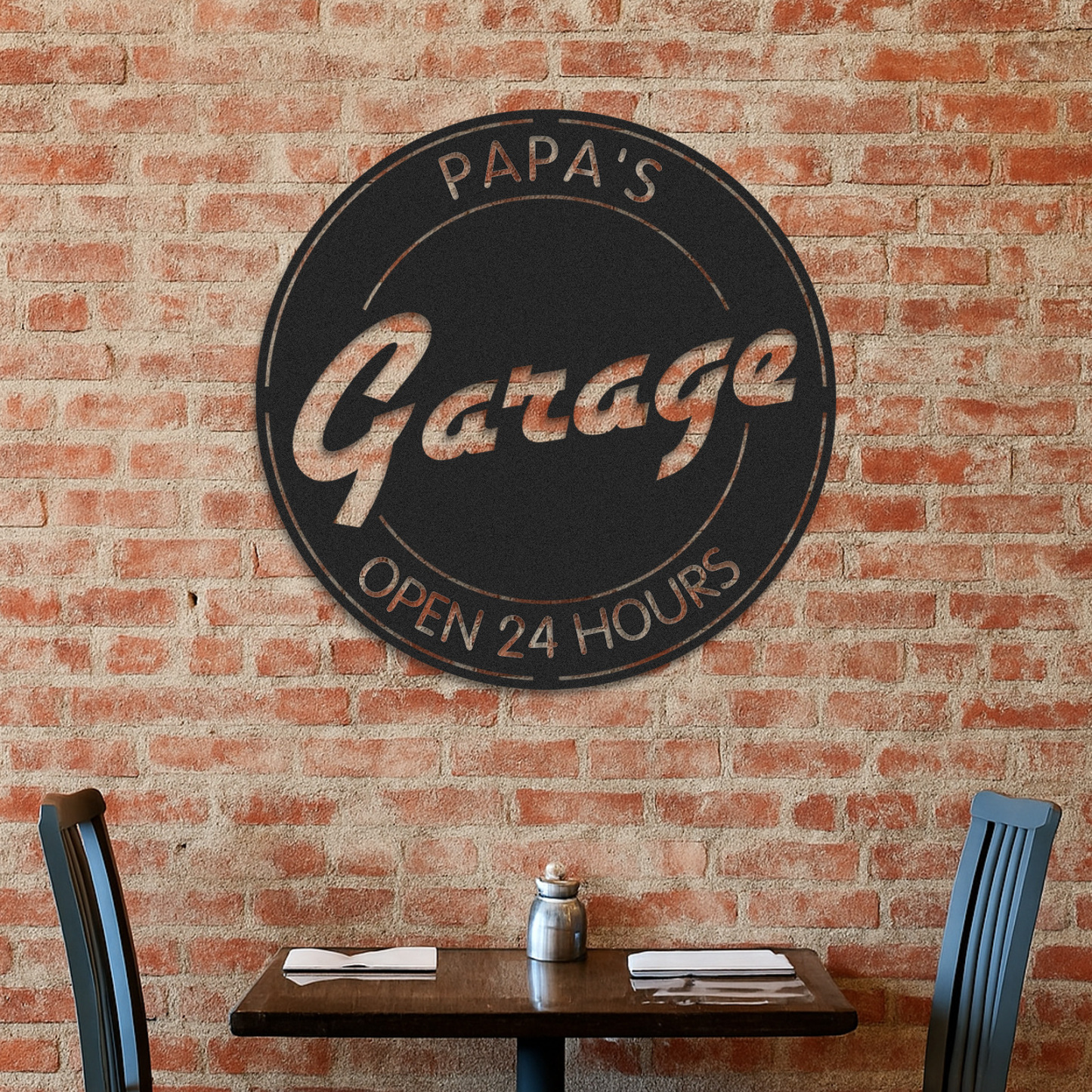 Papa's Garage Metal Sign, Custom Round Workshop Decor, Personalized Garage Wall Art, Open 24 Hours Gift for Dad or Grandpa